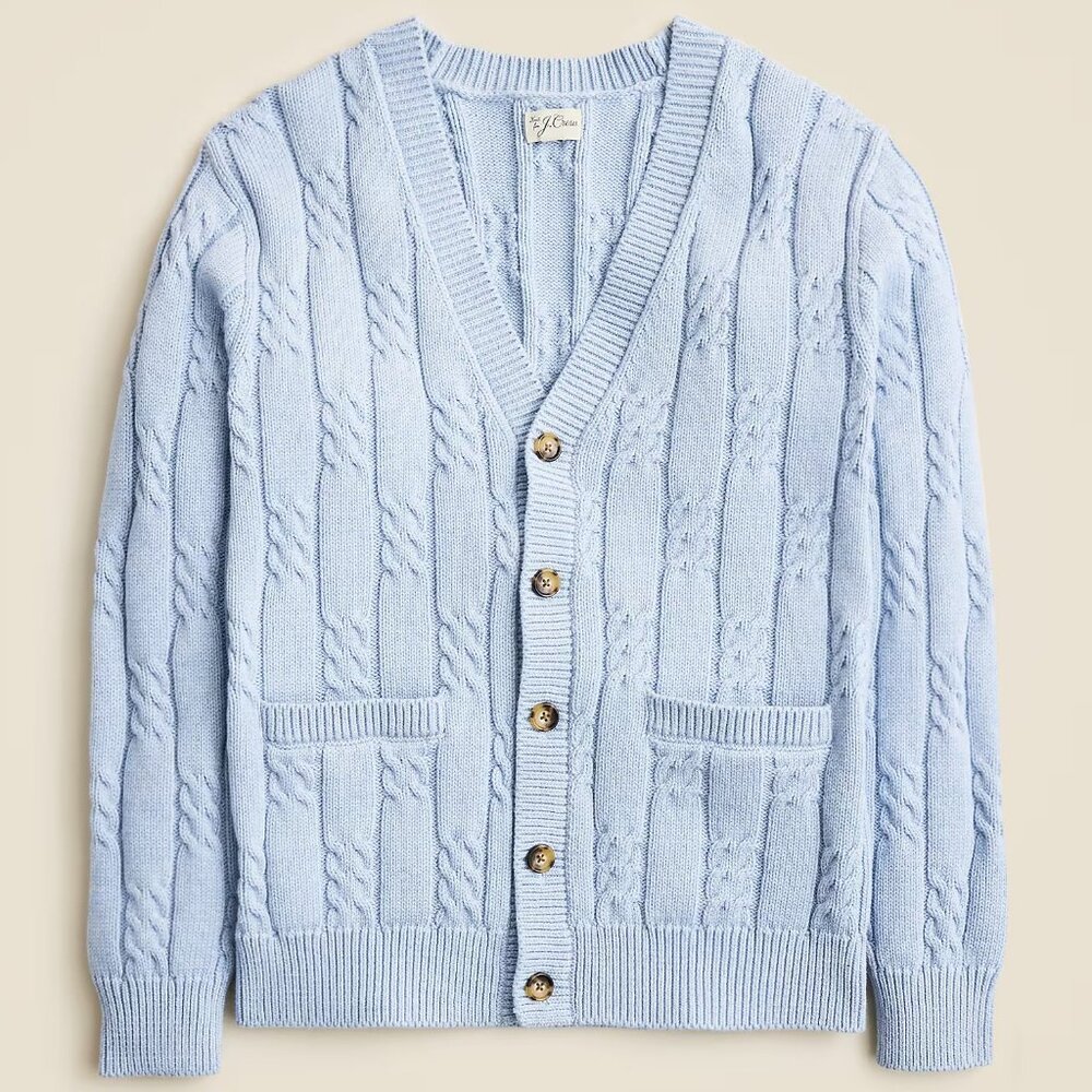 J Crew Sweater Mens Light Baby Blue Cardigan Cable Knit Cotton V-Neck